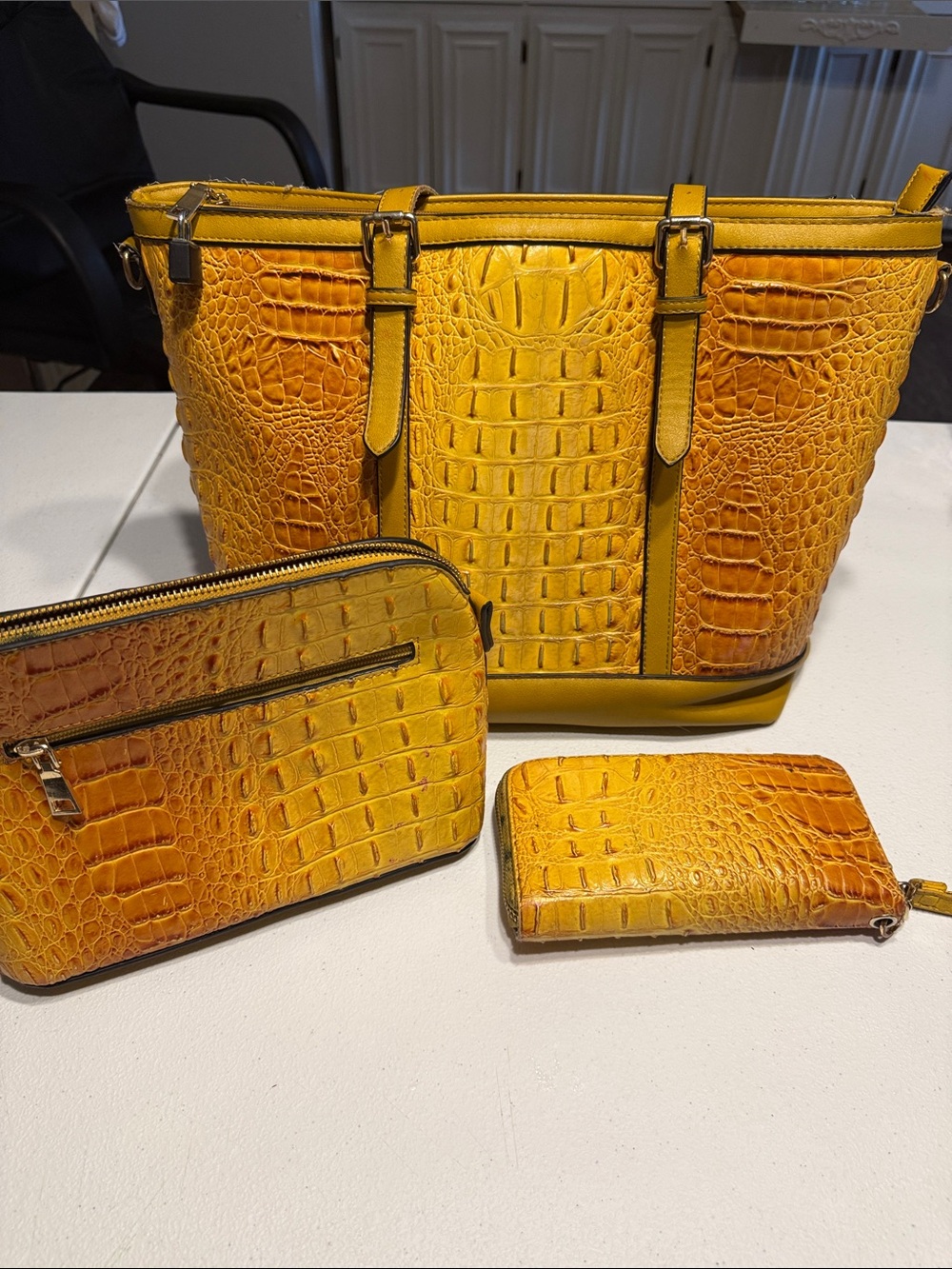Croc-Embossed Yellow Tote with Matching Wallet & Pouch